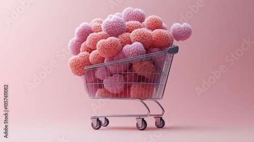 Shopping cart filled with red gift boxes and hearts in a cozy holiday themed ...