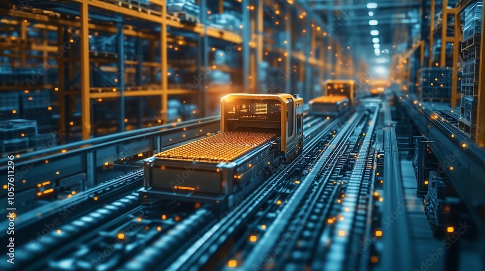 Transporting goods in a modern warehouse using advanced technology for efficient logistics and supply chain management Transporting goods in a modern warehouse using advanced technology for efficient logistics and supply chain management