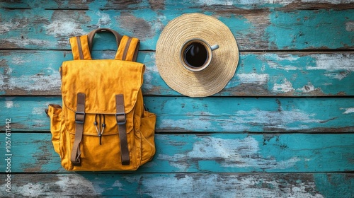 Stylish yellow backpack and coffee cup on a rustic blue wooden table