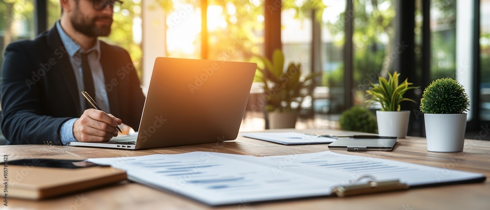 Businessmen Strategy Future Goals Financial on Laptop and Document in Cozy Office Environment Businessmen Strategy Future Goals Financial on Laptop and Document in Cozy Office Environment