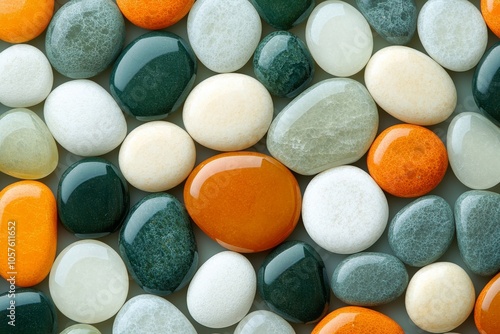 Colorful assortment of smooth pebbles and stones arranged on a flat surface i...