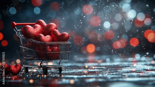 Shopping cart filled with red gift boxes and hearts in a cozy holiday themed ...