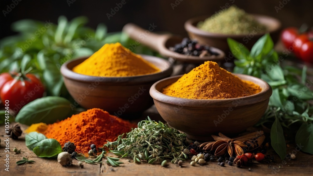 An array of fresh herbs and spices on a rustic wooden table, showcasing vibrant colors and aromatic flavors, ideal for gourmet cooking and organic seasoning. An array of fresh herbs and spices on a rustic wooden table, showcasing vibrant colors and aromatic flavors, ideal for gourmet cooking and organic seasoning.