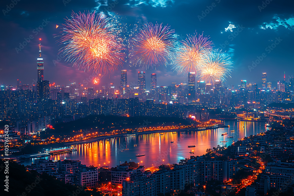 stunning night cityscape of Seoul illuminated by vibrant fireworks, showcasing skyline and river reflections. atmosphere is festive and lively, capturing essence of celebration stunning night cityscape of Seoul illuminated by vibrant fireworks, showcasing skyline and river reflections. atmosphere is festive and lively, capturing essence of celebration
