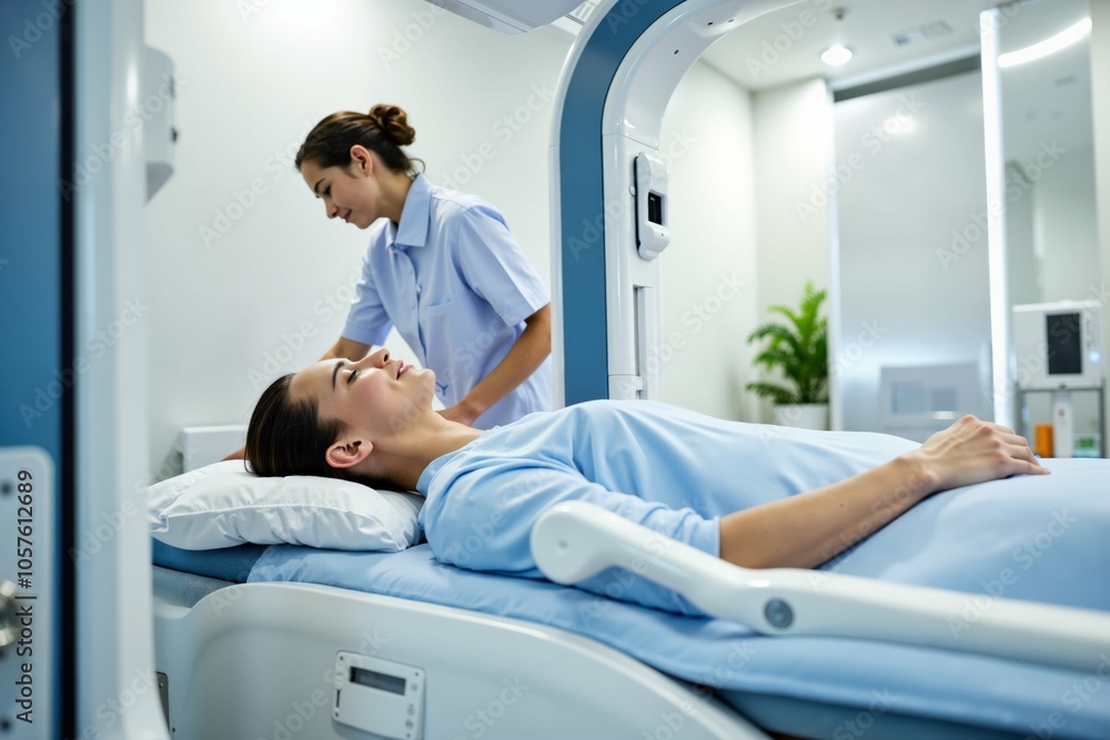 Obraz premium Medical imaging procedure with patient in mri scanner and healthcare professional assistance.