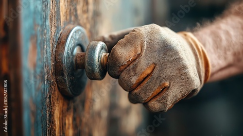 Closeup of a hand in a glove turning an antique doorknob, adding a vintage feel