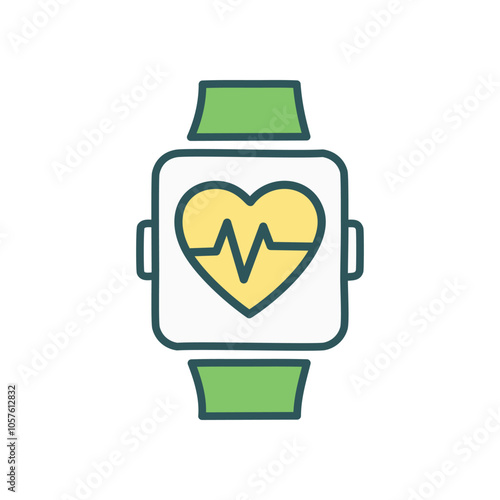 Heart rate smartwatch icon. Health monitoring wearable technology.  Fitness tracker displaying heart beat.  Represents wellness.