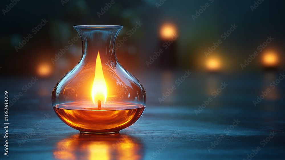 Glass candle holder with flame on reflective surface
Glass candle holder with flame on reflective surface