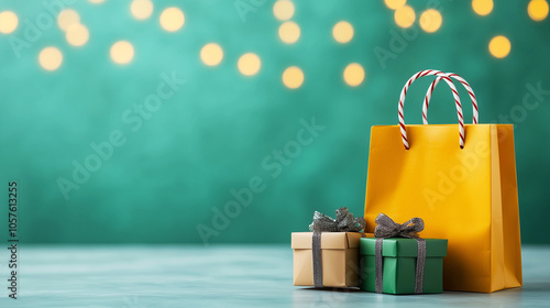 Colorful Holiday Gifts on Table with Shopping Bags