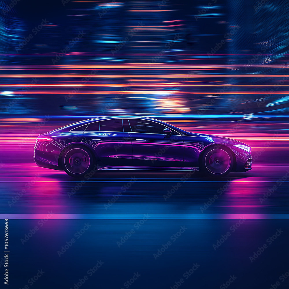 modern car in motion, illuminated by vibrant neon lights, showcases dynamic urban scene. sleek design and colorful reflections create energetic atmosphere modern car in motion, illuminated by vibrant neon lights, showcases dynamic urban scene. sleek design and colorful reflections create energetic atmosphere