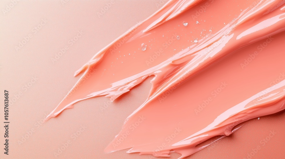 A close-up view of creamy peach-colored cosmetic foundation swatches on a soft pastel background highlighting texture and shine
