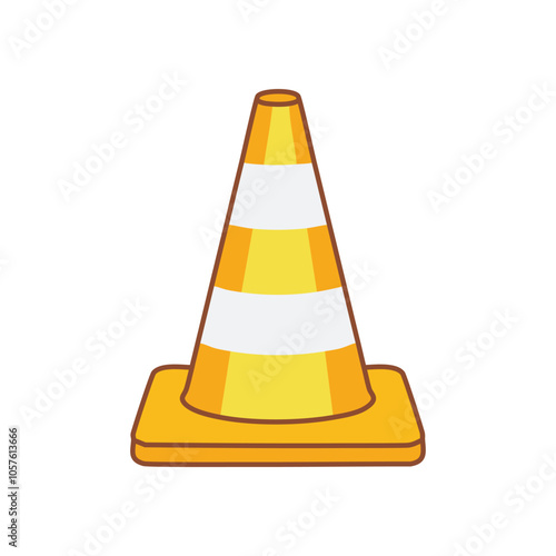 Traffic cone safety alert. Yellow and white striped cone; signifies caution, warning, and road construction.  Safety first