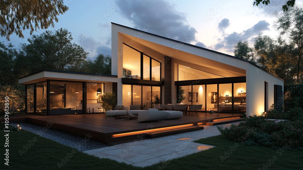 Modern Home Exterior with Deck and Patio Lighting at Dusk Modern Home Exterior with Deck and Patio Lighting at Dusk
