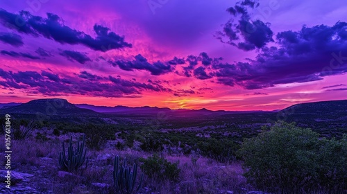 A stunning sunset over a vast landscape, showcasing vibrant purples and oranges in the sky.