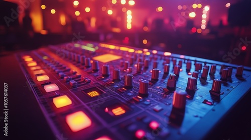 Close up of a digital audio mixer during a vibrant music event at night