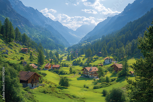 Breathtaking view of serene valley in Switzerland, surrounded by majestic mountains and lush greenery. charming houses dot landscape, creating picturesque scene