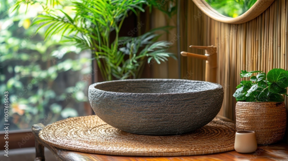 A serene indoor oasis with a rustic stone basin surrounded by lush greenery in a tranquil setting A serene indoor oasis with a rustic stone basin surrounded by lush greenery in a tranquil setting