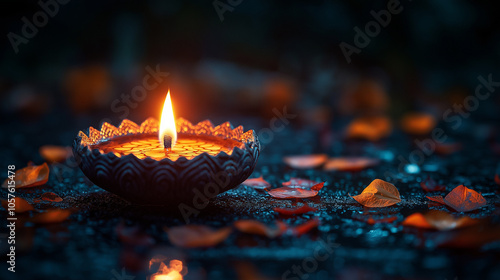 Burning clay diya with scattered petals on wet ground