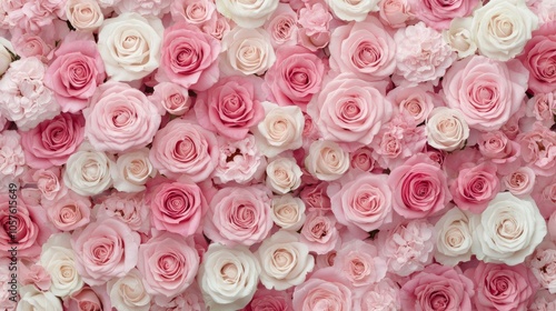 Fototapeta Naklejka Na Ścianę i Meble -  A romantic setting featuring pink roses and petals on a cozy bed adorned with soft lighting