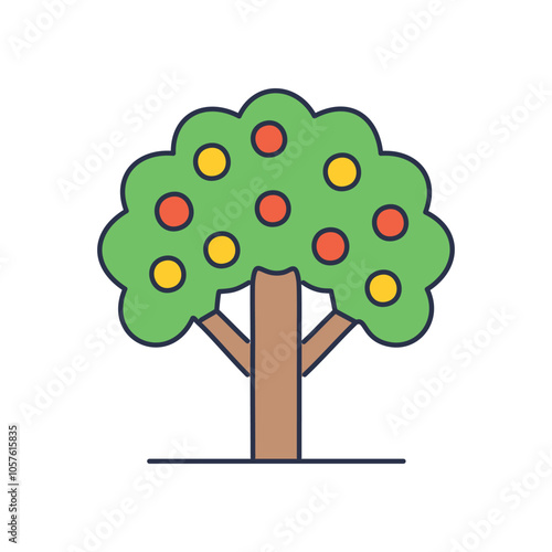 Fruit tree illustration. Colorful cartoon fruit tree image. Represents growth, abundance, and harvest.