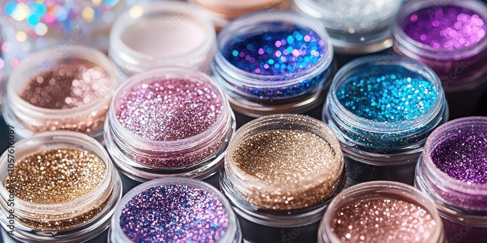 A variety of glitter makeup products including loose glitter and glitter gels. A variety of glitter makeup products including loose glitter and glitter gels.