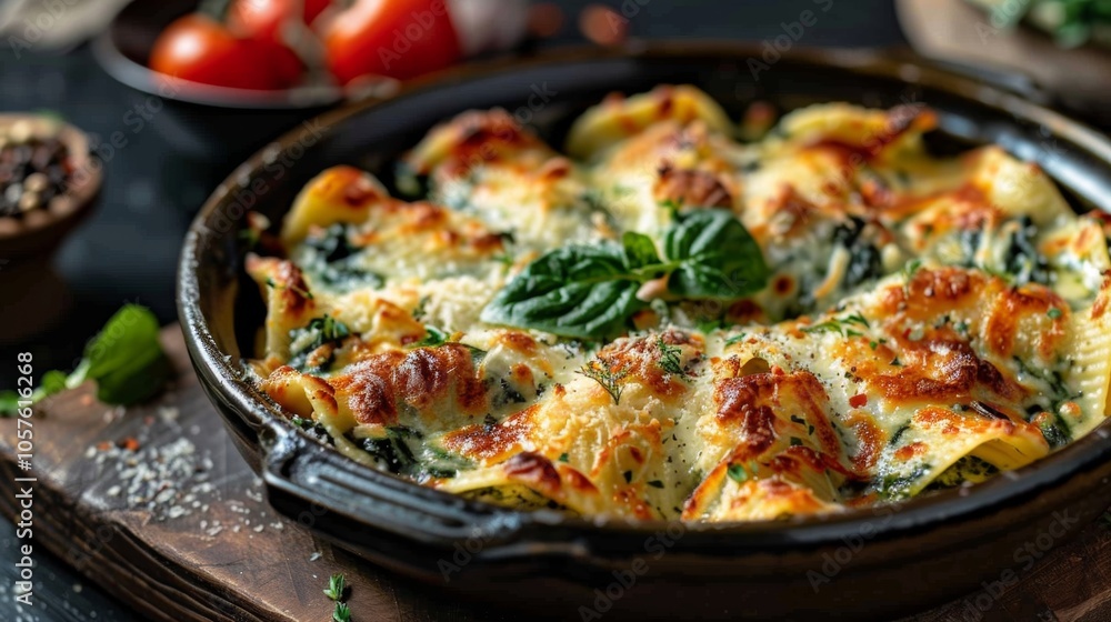spinach and ricotta stuffed pasta shell on a dark ceramic dish spinach and ricotta stuffed pasta shell on a dark ceramic dish