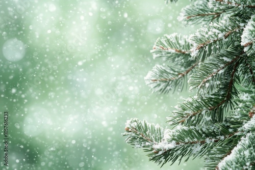 Snow covered evergreen branches surrounded by falling snowflakes in a tranquil winter setting