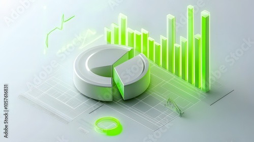 
Cute isometric 3D image of 3D pie chart and bar chart in realistic metallic silver illuminated by neon green. add floating, transparent charts and circular measurement tools. ensure perfect shapes an