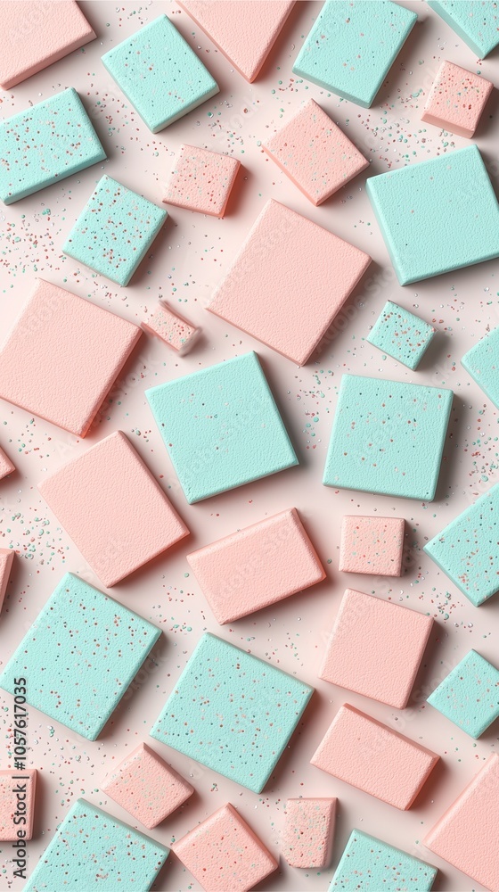 Colorful foam squares in pink and blue arranged in a scattered pattern, creating a playful and vibrant visual texture. Colorful foam squares in pink and blue arranged in a scattered pattern, creating a playful and vibrant visual texture.