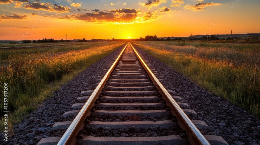 Sunset over vacant railroad tracks extending toward the horizon Selective focus Space available for text Sunset over vacant railroad tracks extending toward the horizon Selective focus Space available for text