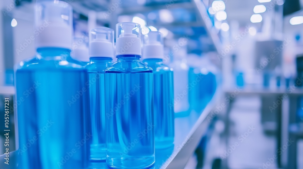 Row of blue bottles with white lids Row of blue bottles with white lids