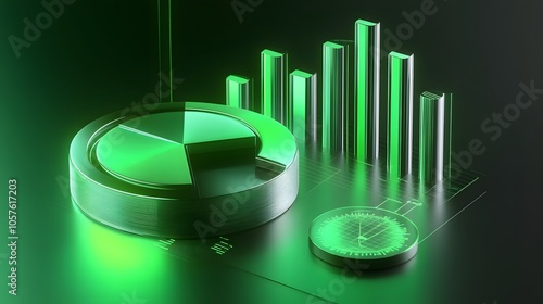 
Cute isometric 3D image of 3D pie chart and bar chart in realistic metallic silver illuminated by neon green. add floating, transparent charts and circular measurement tools. ensure perfect shapes an