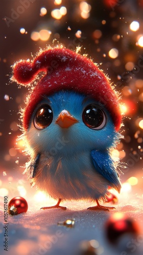 Blue bird wearing red hat standing on snowy ground with glowing lights in the background .