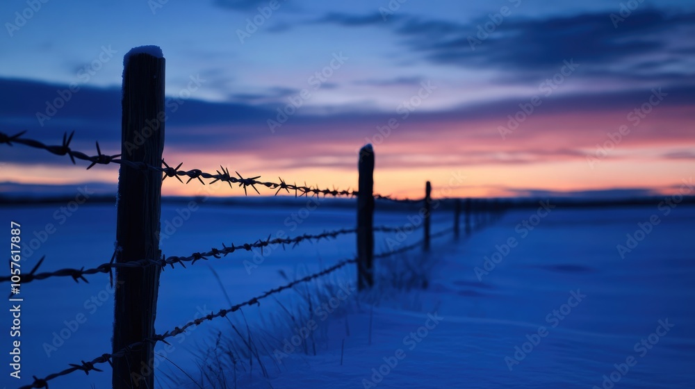 Barbed wire stretches along a fence at night silhouetted against a distant horizon surrounded by snow on a quiet afternoon Barbed wire stretches along a fence at night silhouetted against a distant horizon surrounded by snow on a quiet afternoon
