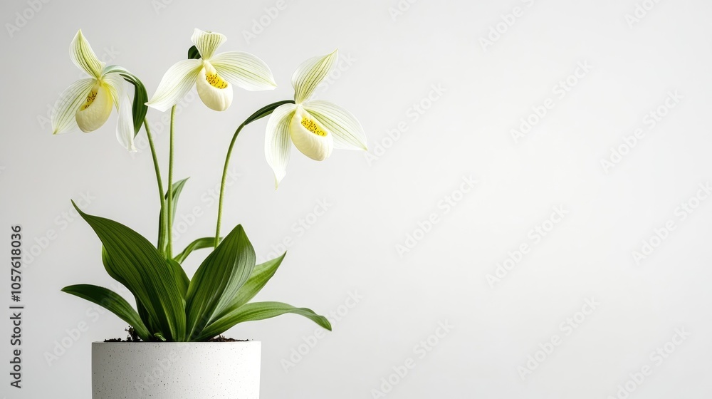 Front view of a Lady Slipper Orchid plant in a pot set against a clean white background Front view of a Lady Slipper Orchid plant in a pot set against a clean white background