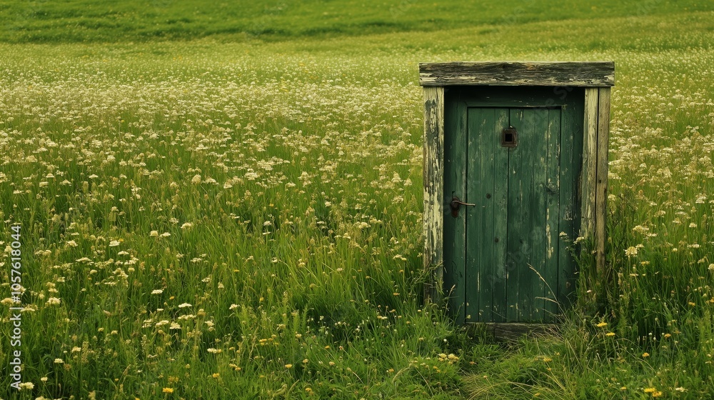 Old weathered green wooden door standing in a field of wildflowers and grass representing concepts such as mystery, opportunity, and transition Old weathered green wooden door standing in a field of wildflowers and grass representing concepts such as mystery, opportunity, and transition