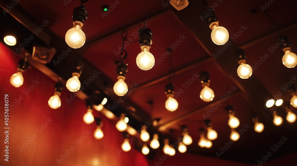 Obraz premium Spotlights and vintage style light bulbs illuminating the ceiling of a movie theater