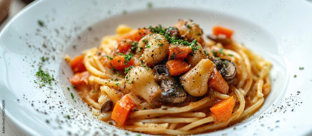 Fried Pasta Mushroom And Carrot In White Dish Fried Pasta Mushroom And Carrot In White Dish