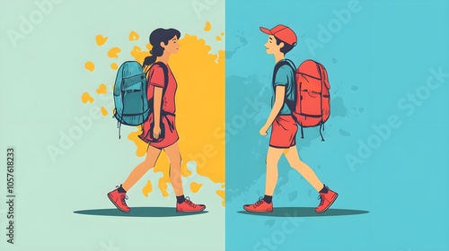 Couple Backpackers Walking Side By Side Travel Adventure Illustration