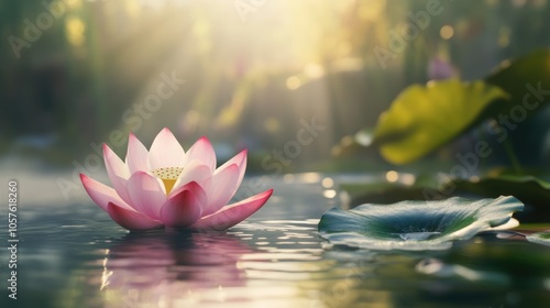 Close up of a blooming pink lotus in a serene pond illuminated by morning sunlight