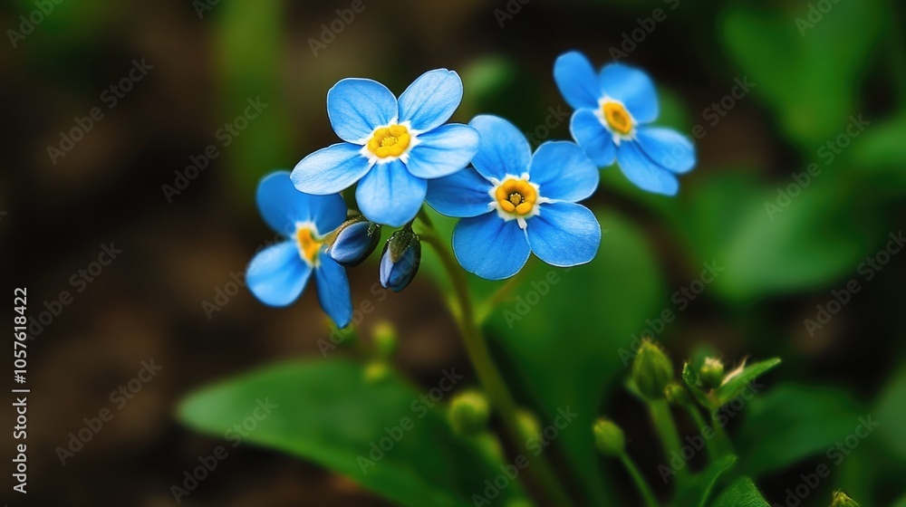 Bright blue flower featuring yellow centers and elongated green stems among tiny sprouting plants