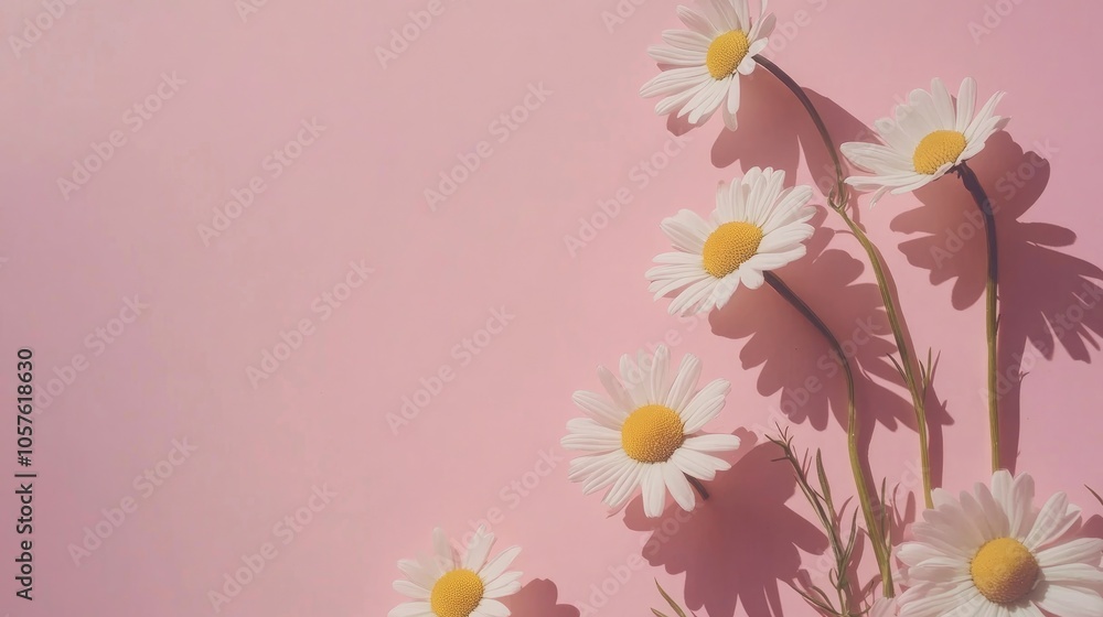 Pink backdrop featuring a chamomile frame Delicate chamomile daisy blooms on a soft pink surface Minimalist floral design ideal for summer or spring themes Flat lay with ample copy space Pink backdrop featuring a chamomile frame Delicate chamomile daisy blooms on a soft pink surface Minimalist floral design ideal for summer or spring themes Flat lay with ample copy space