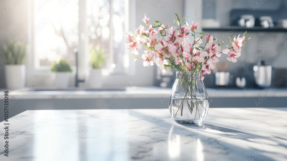 Modern kitchen interior featuring a white marble countertop and a vase of flowers creating a stylish ambiance High quality image Modern kitchen interior featuring a white marble countertop and a vase of flowers creating a stylish ambiance High quality image
