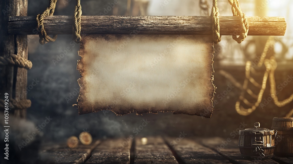 Blank parchment paper hanging on a wooden post, on a weathered wooden deck with smoke and a compass in the foreground. Blank parchment paper hanging on a wooden post, on a weathered wooden deck with smoke and a compass in the foreground.