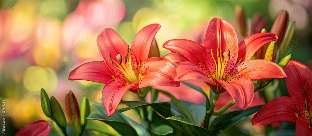 Fototapeta premium Lily Corallo La Hybrid Bright Red Flowers In The Garden