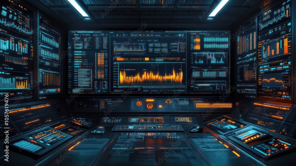Futuristic control room with screens and data displays. Futuristic control room with screens and data displays.