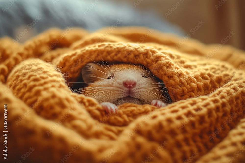 Hamster wrapped in a tiny blanket lying in a miniature bed Hamster wrapped in a tiny blanket lying in a miniature bed