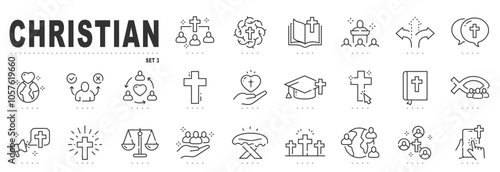 Set of christian related line icon set. Cross, bible, christmas, easter, dove etc. Editable stroke. Set 3