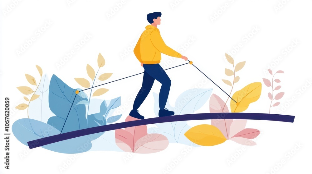 A person balancing on a curved line while holding ropes surrounded by colorful foliage in a playful, creative illustration A person balancing on a curved line while holding ropes surrounded by colorful foliage in a playful, creative illustration