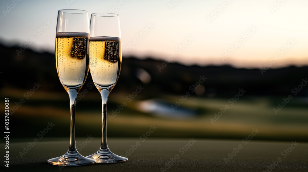 Obraz premium Two champagne flutes filled with sparkling wine set against a blurred outdoor backdrop during sunset.